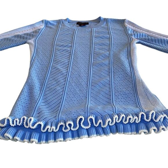 EUC Blue Amaryllis Sweater with White Accents and Ruffles - Picture 2 of 11